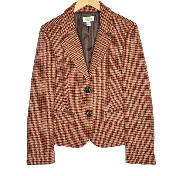 Talbots Houndtooth Brown Tan Red Plaid One Button 100% Wool Fall Jacket Blazer - Picture 14 of 14